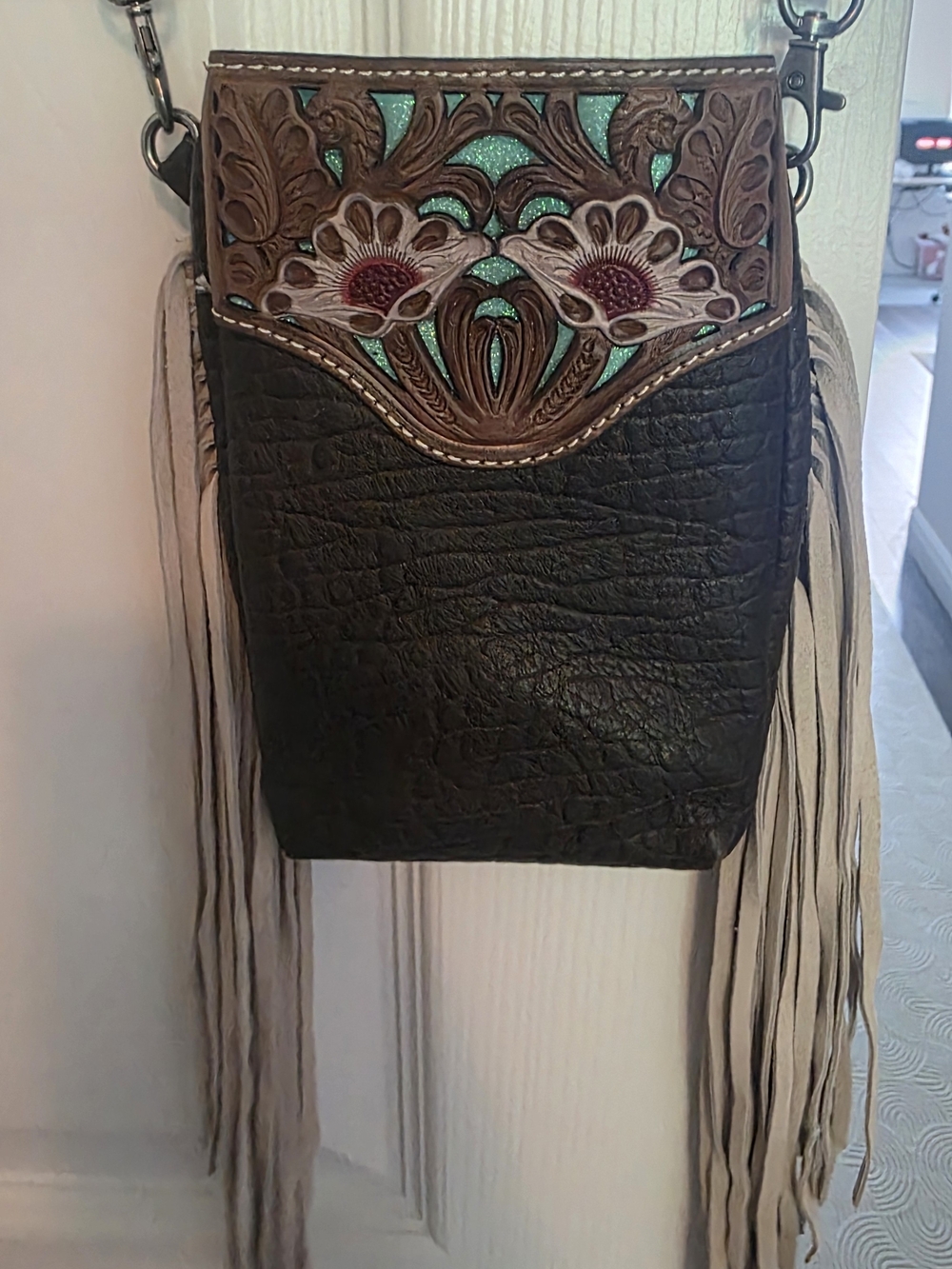 Ariat Black Leather Crossbody with Brown Tooled Floral and Turquoise Accents